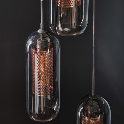 Hanglamp 3L getrapt smoke glas-geperforeerd staal / Artic zwart