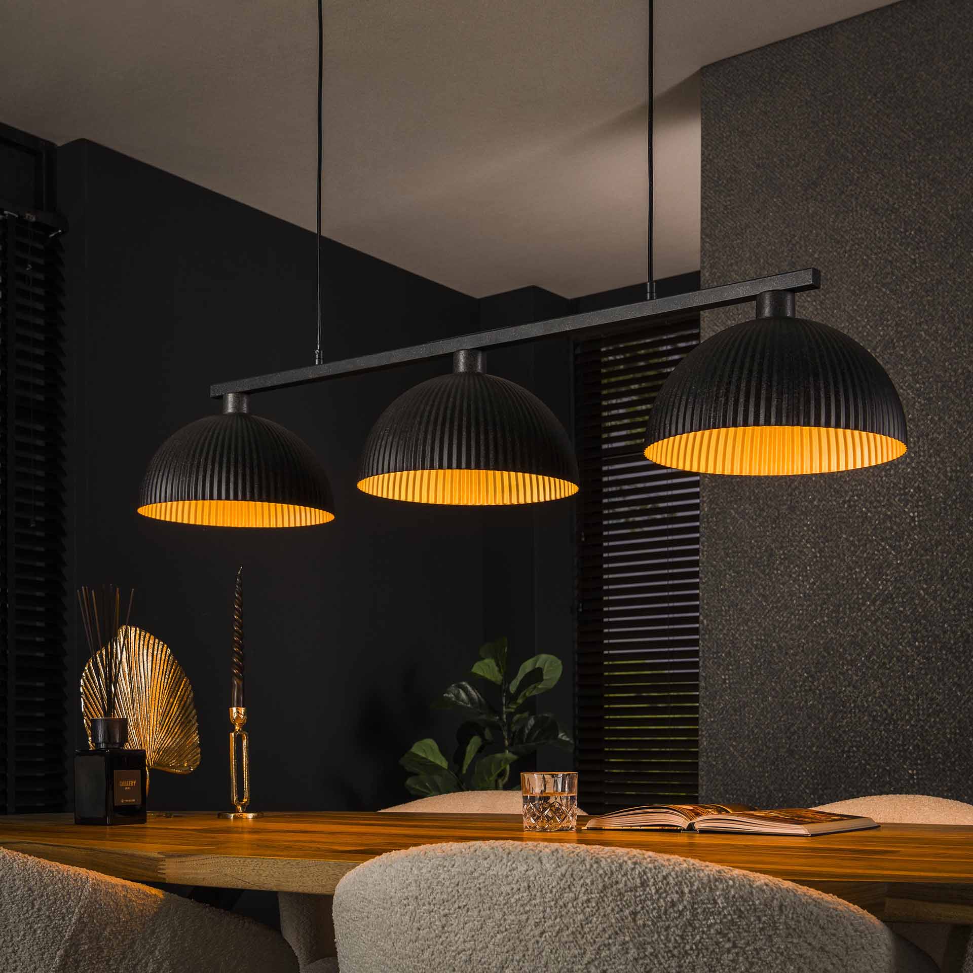 Hanglamp van 3 Lampen halfronde kap-ribbel - 120x30x150 cm - Artic zwart