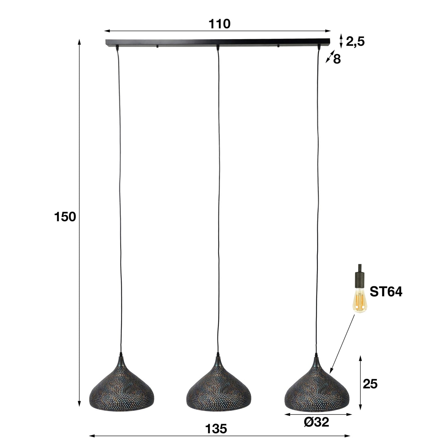 Hanglamp 3xØ32 punch trechter / Zwart bruin