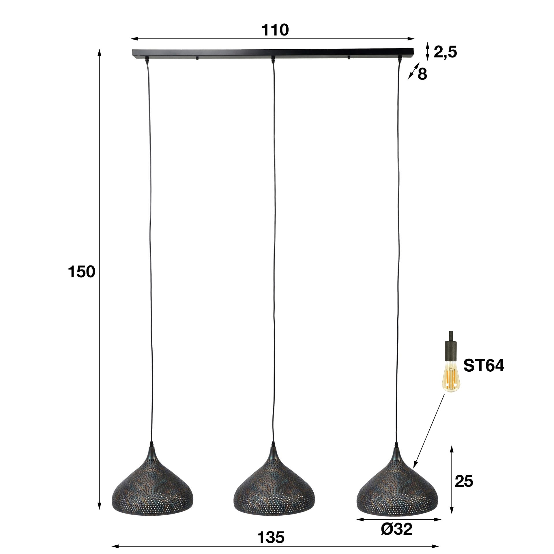 Hanglamp 3xØ32 punch trechter / Zwart bruin