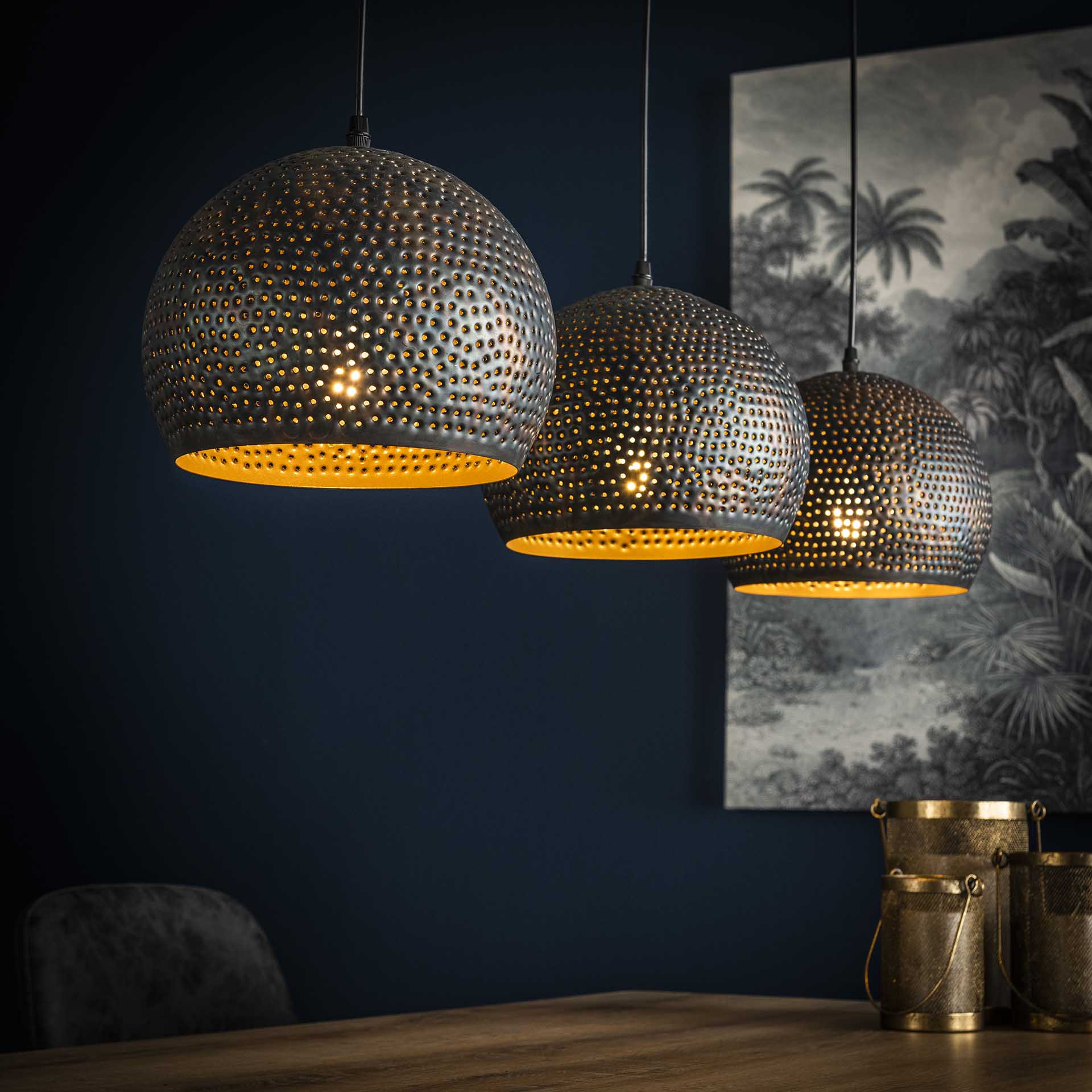 Hanglamp van 3 Lampen Punch Bol - 110x25x150 cm - Zwart bruin