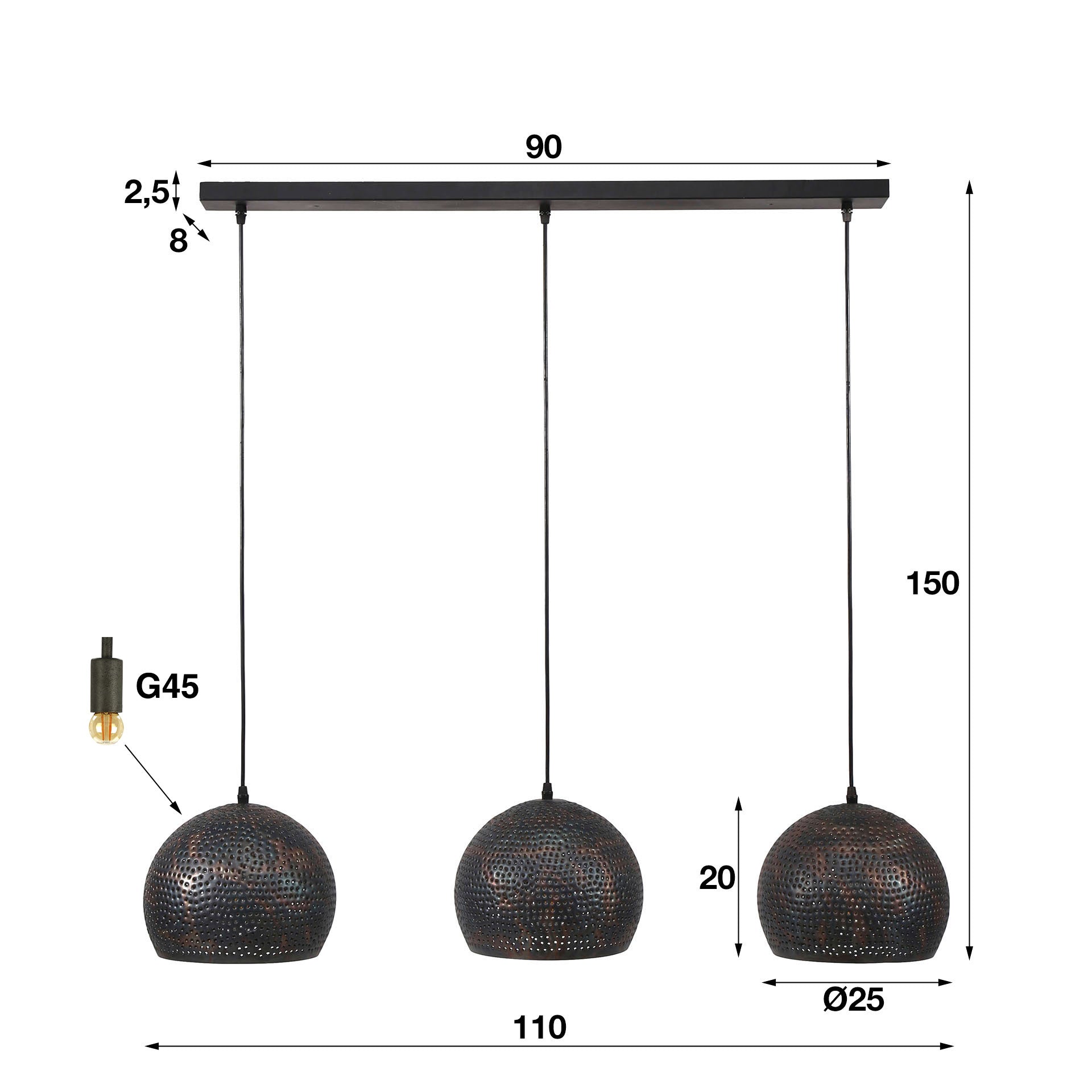 Hanglamp 3xØ25 punch bol / Zwart bruin