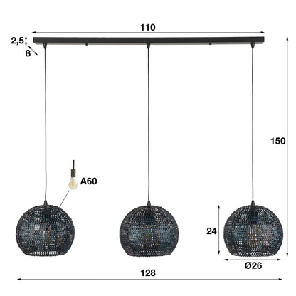 Hanglamp 3x Ø26 armor half rond / Zwart bruin