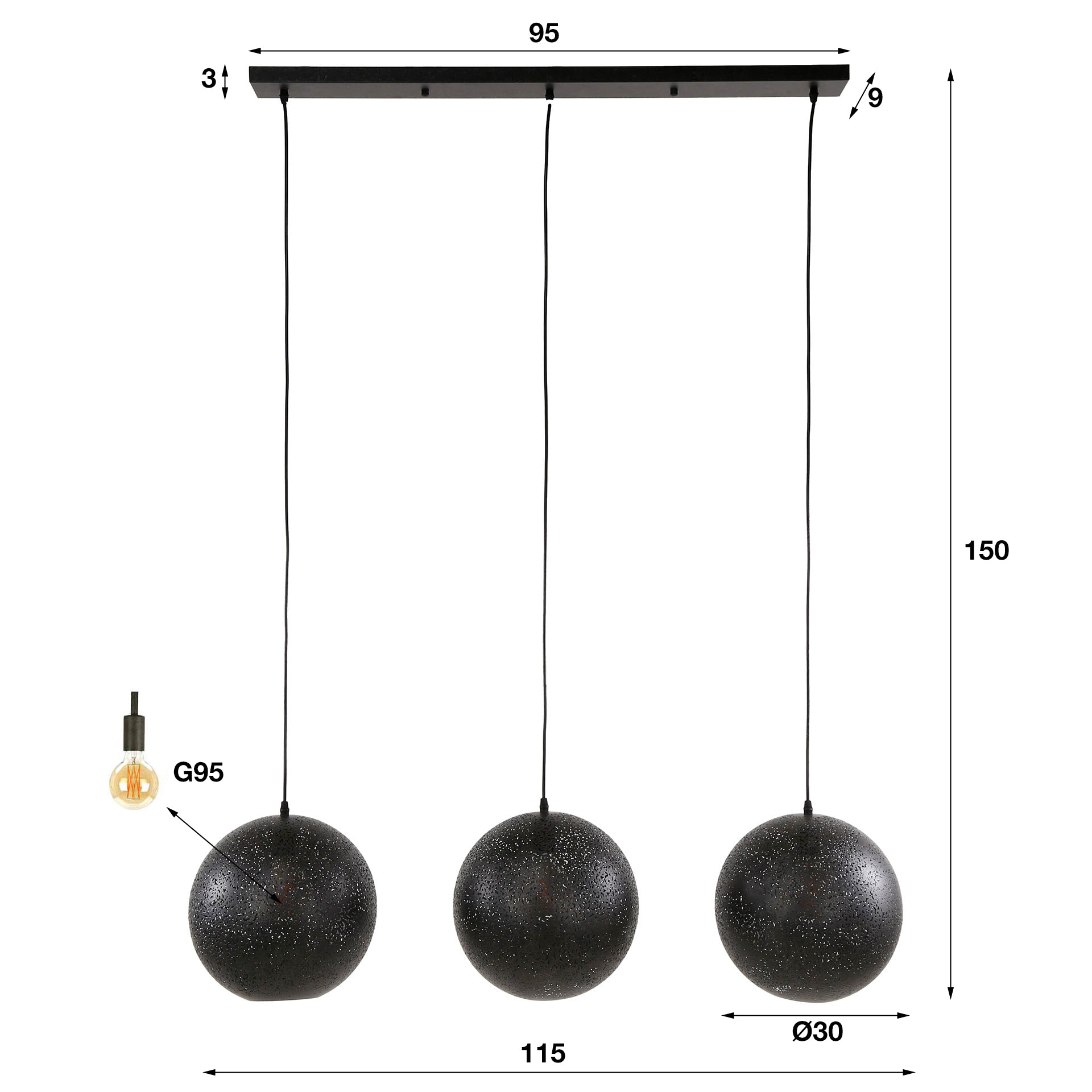 Hanglamp 3x Ø30 zip / Artic zwart