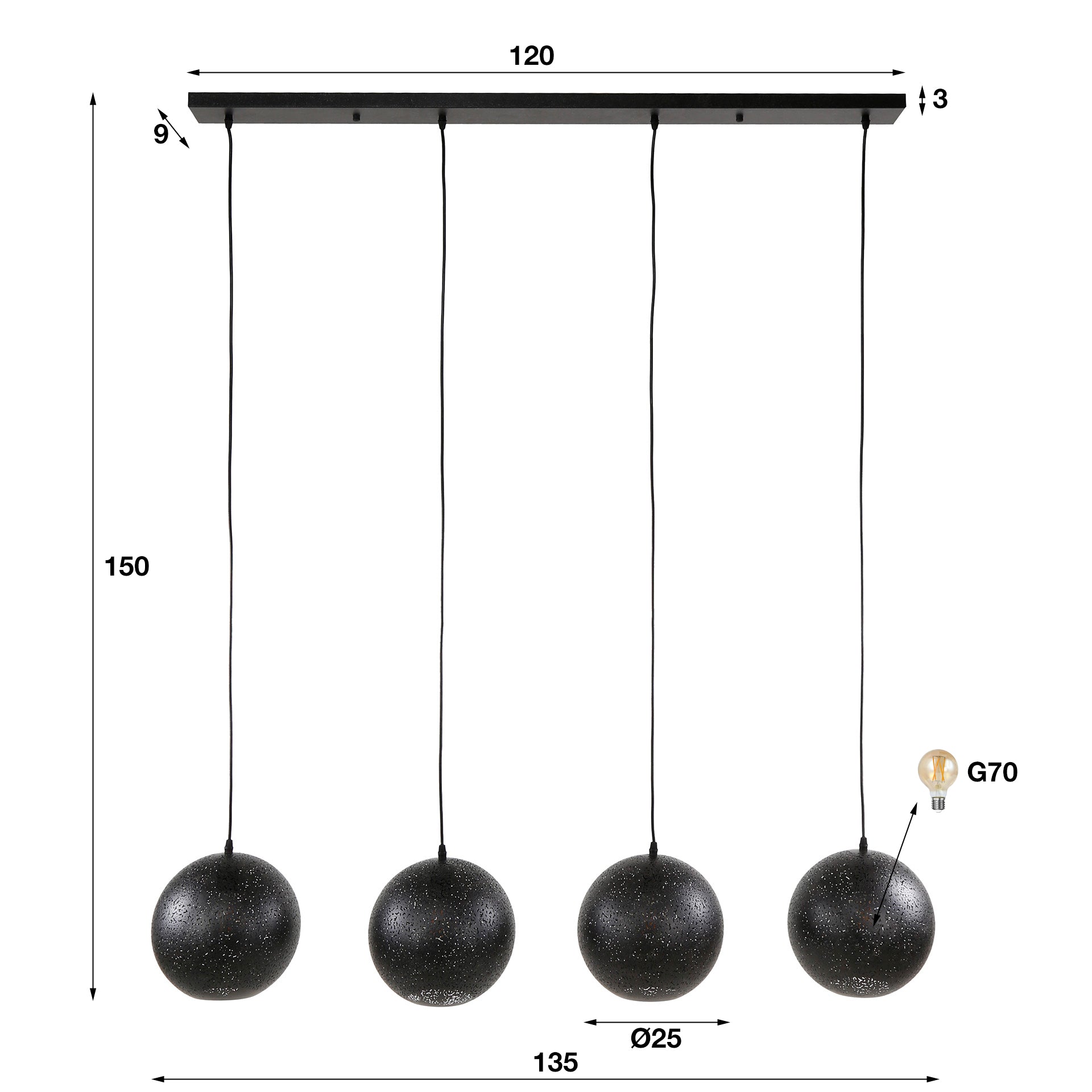 Hanglamp 4x Ø25 zip / Artic zwart