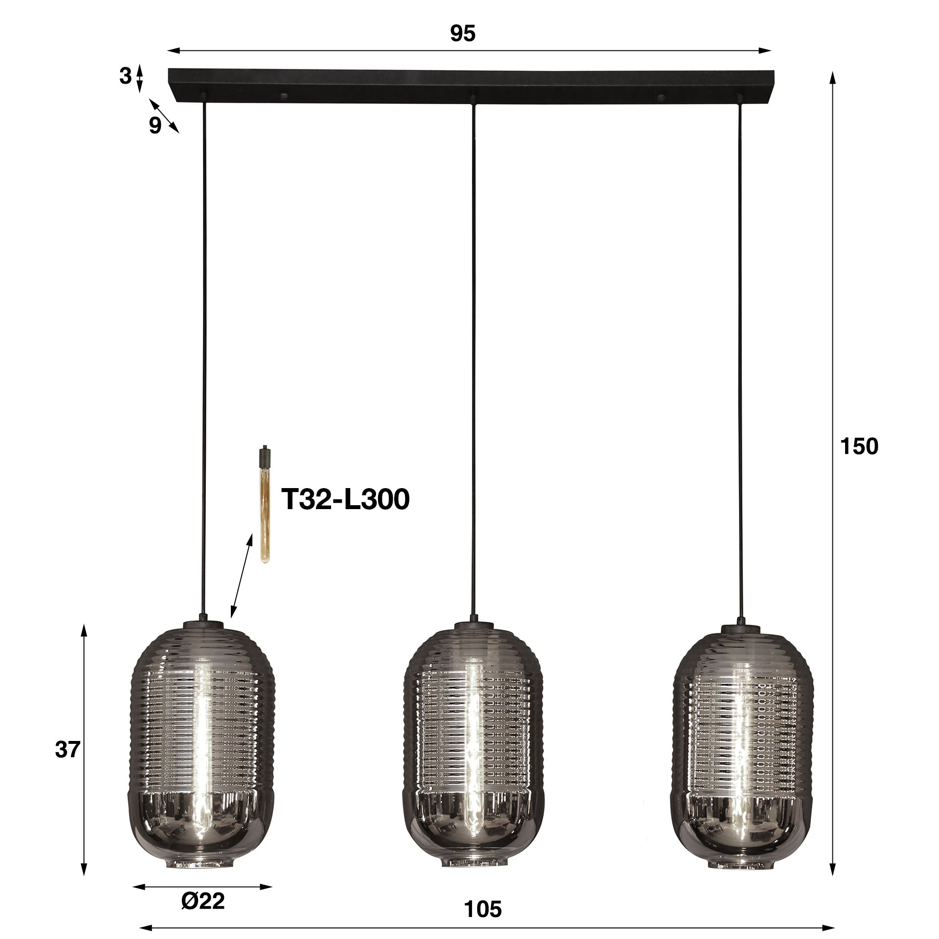 Hanglamp 3L tub chromed glass