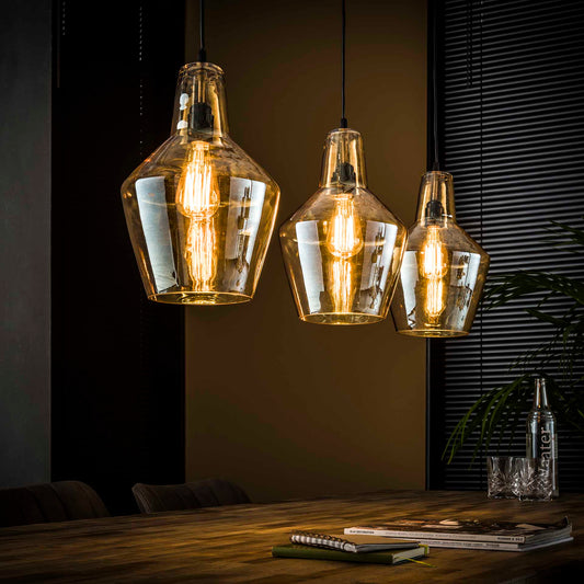 Hanglamp van 3 Lampen Amber Glas Kegel - 112x25x150 cm - Oud zilver
