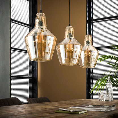 Hanglamp 3L amber glas kegel / Oud zilver