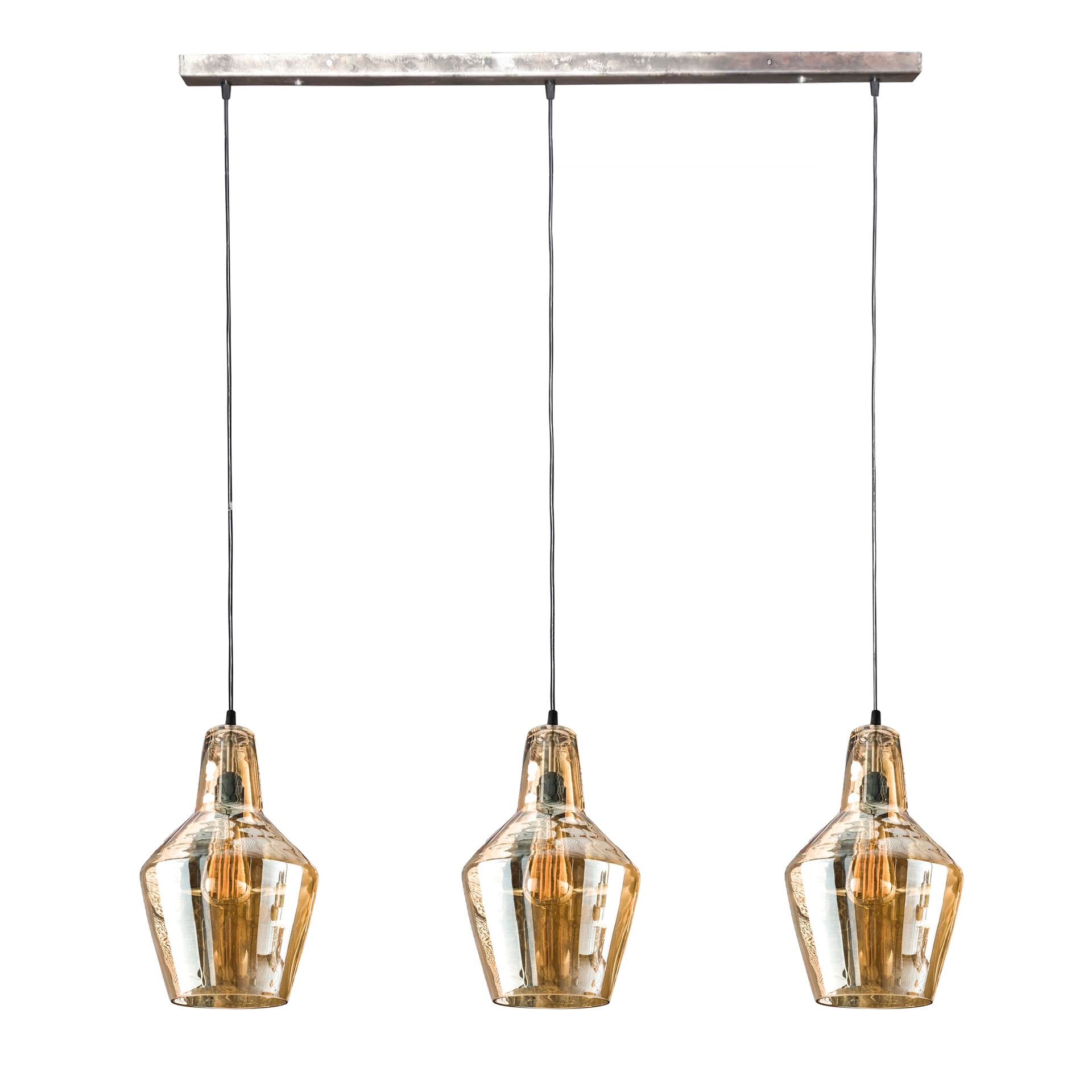 Hanglamp 3L amber glas kegel / Oud zilver