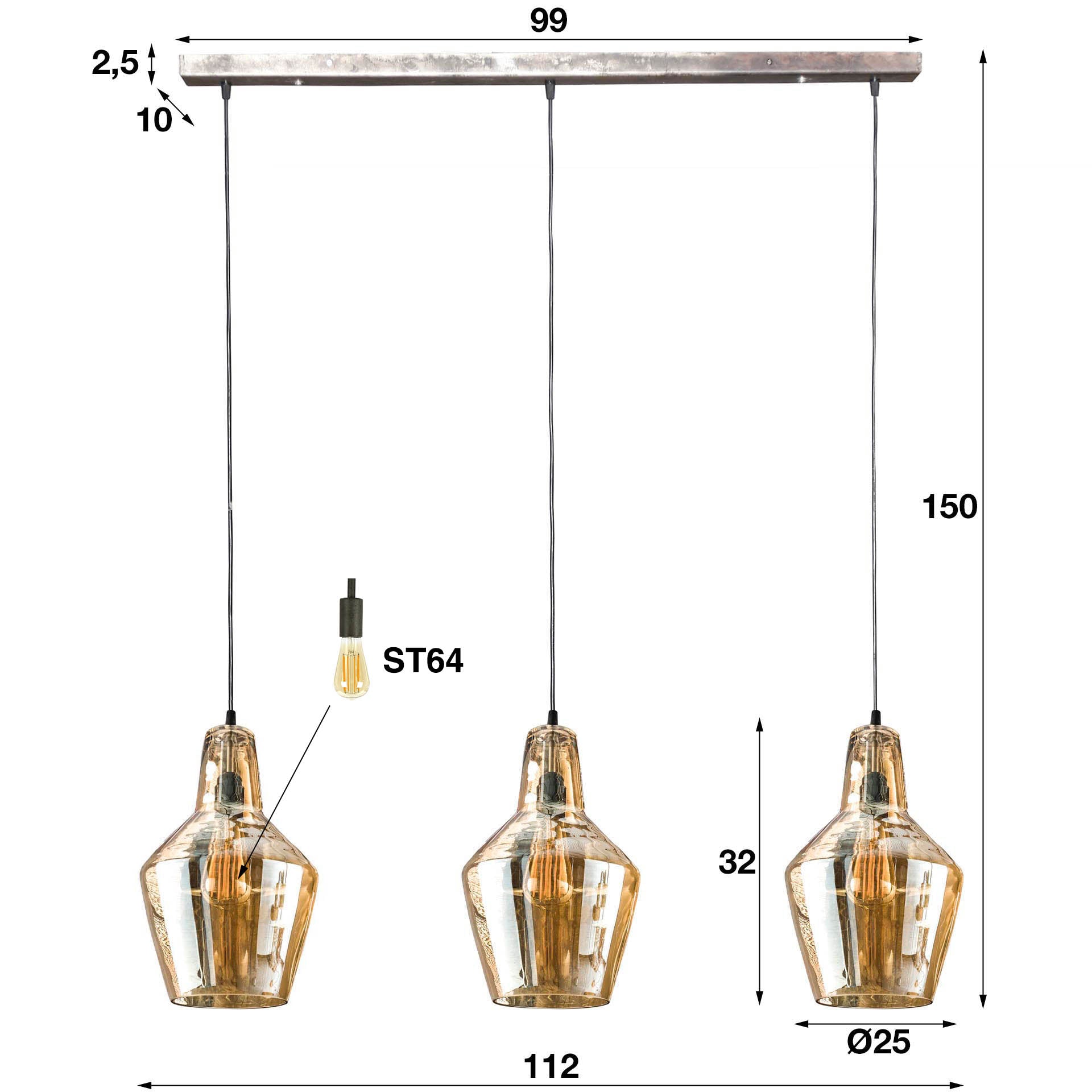 Hanglamp 3L amber glas kegel / Oud zilver