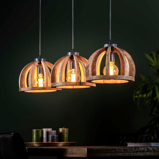 Hanglamp van 3 Lampen Gebogen Houten Spijlen - 120x30x150 cm - Massief Mango Naturel