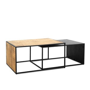 Salontafel Rechthoek Set van 2 Natural Wood / Sandblasted Black Finish
